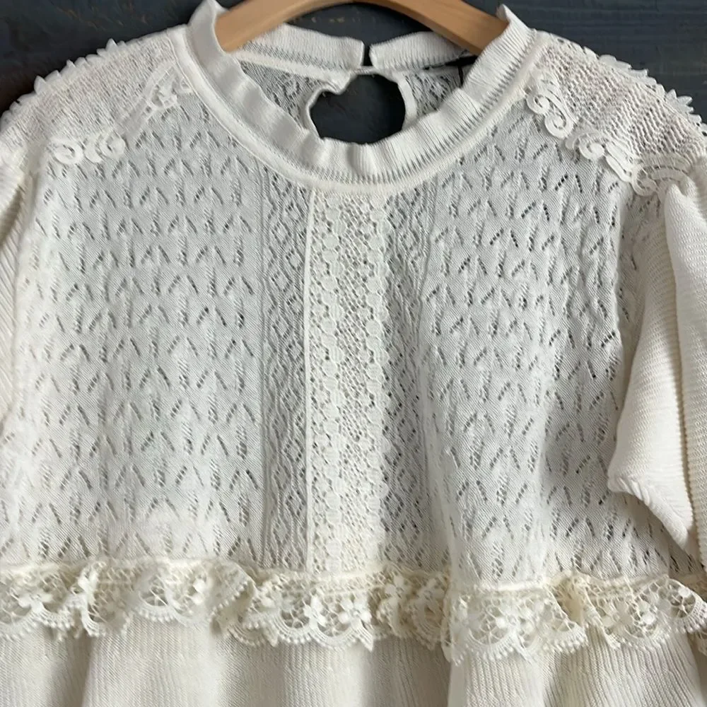 Zara Crochet Laced Knit Babydoll Top Size M Cream Short Sleeves